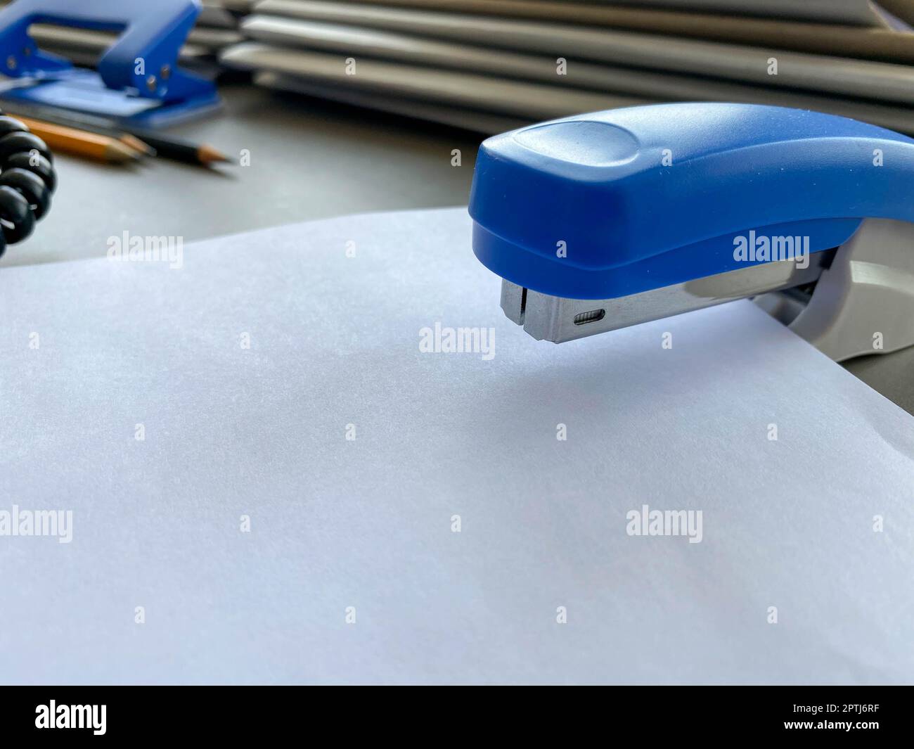 Una grande pinzatrice blu per la pinzatura della carta si trova accanto  alle cartelle dei documenti sulla scrivania dell'ufficio. Cancelleria Foto  stock - Alamy