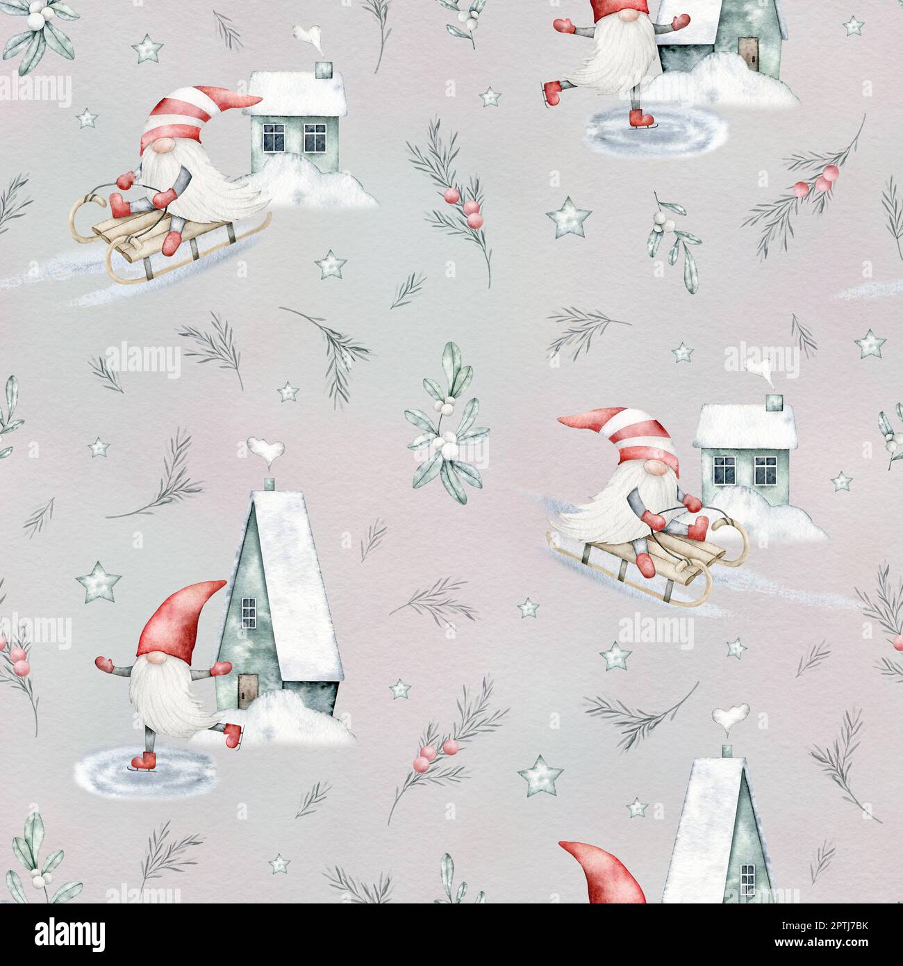 Acquerello Nordic Scandinavian gnomo senza cuciture. Nani pattinaggio, slittino, casa e rosmarino su sfondo rosa. Natale disegnato a mano Foto Stock