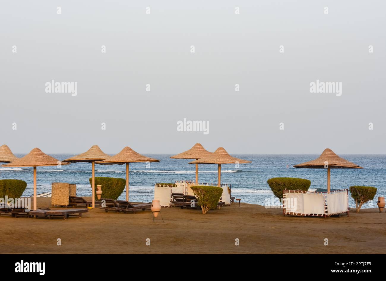 molti ombrelloni con canne e lettini nella spiaggia di sabbia sul mare rosso Foto Stock