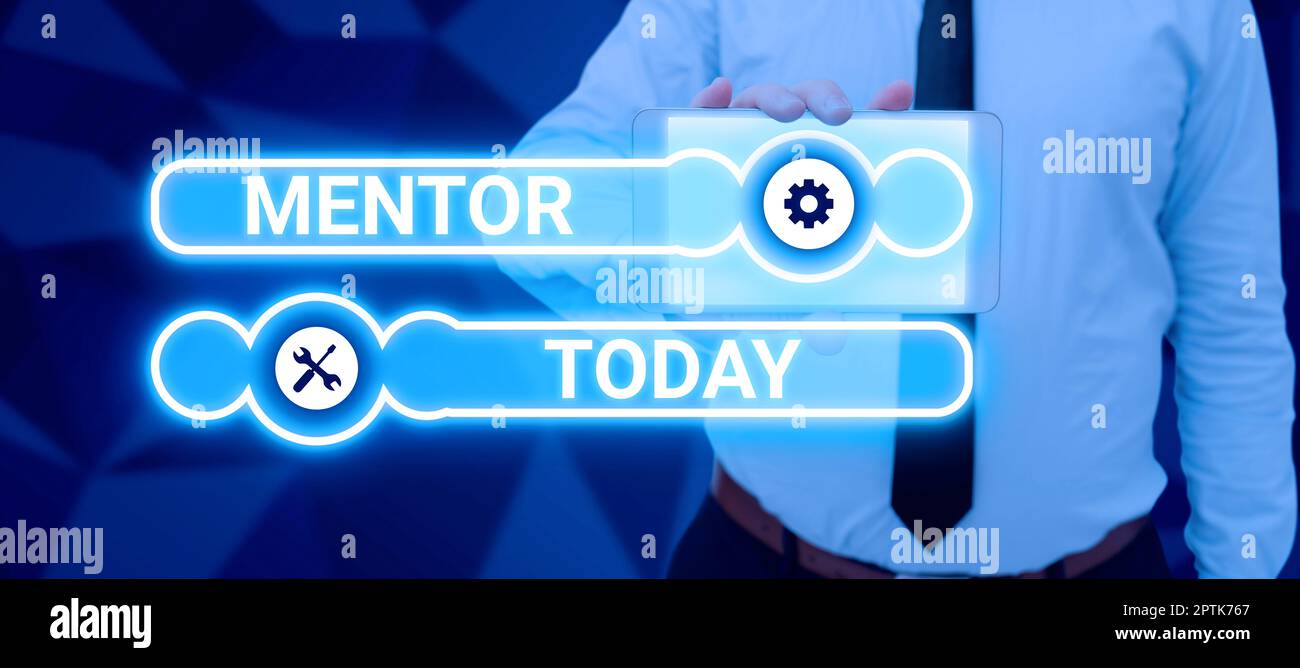 Scrittura a mano segno Mentor, parola per la persona che forma e guida qualcuno che ha il potenziale Foto Stock