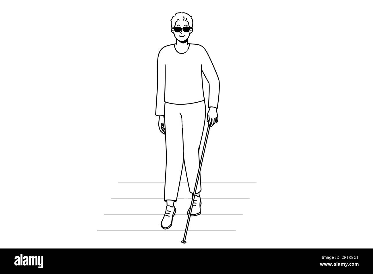 Uomo cieco con bastone che cammina sul crosswalk. Disabile maschio in occhiali da sole scuro che attraversano la strada. Disabilità e assistenza sanitaria. Illustrazione vettoriale. Foto Stock