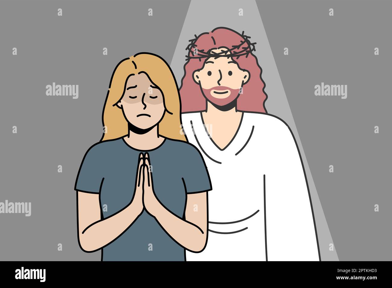 Gesù Cristo apparve alla bionda ragazza in preghiera. Illustrazione Vettoriale