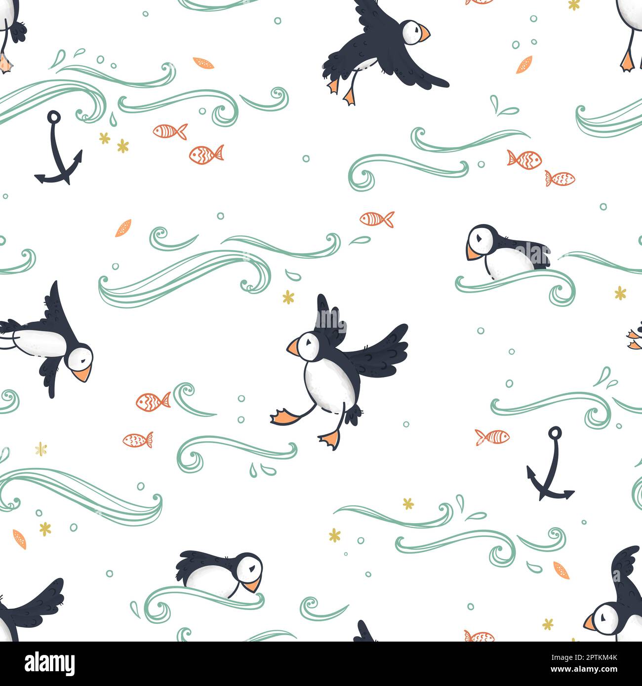 Cute Puffin disegnato a mano motivo senza giunture, bello sfondo doodle uccelli, ottimo per tessuti, striscioni, sfondi - disegno vettoriale Illustrazione Vettoriale
