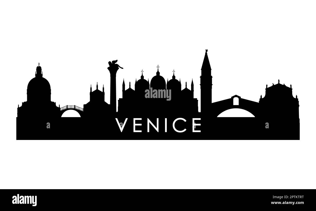 Profilo dello skyline di Venezia. Il design della città di Venezia nera è isolato su sfondo bianco. Foto Stock