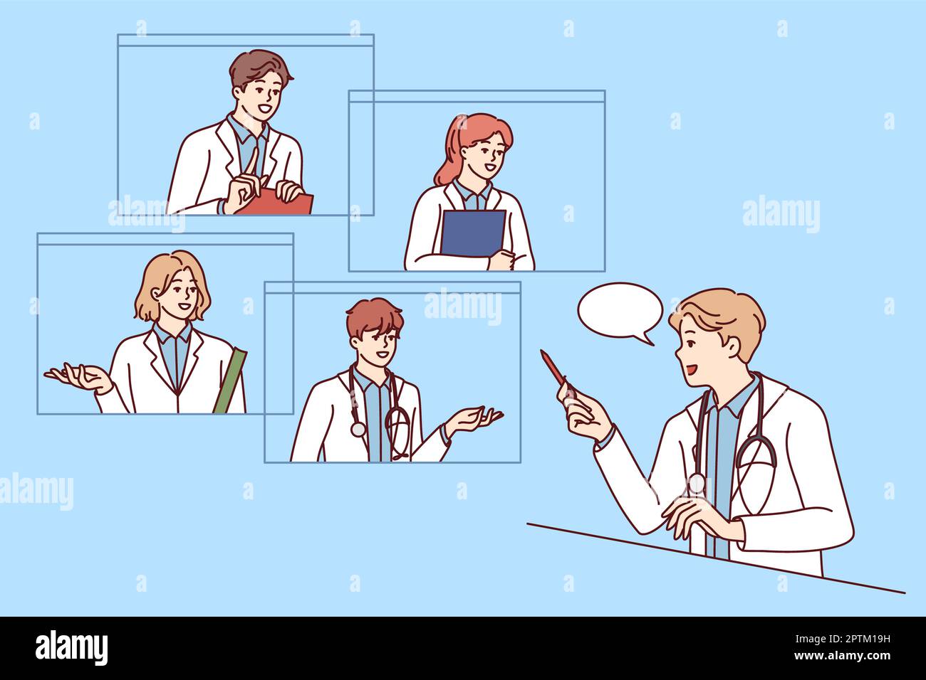 Medico maschio parlare in videochiamata con i colleghi di consulenza. I GP hanno consultazione in linea con i colleghi sulla webcam. Lavoro di squadra. Illustrazione vettoriale. Foto Stock