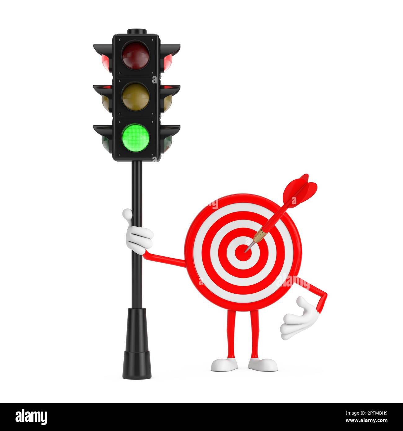 Tiro con l'arco Target e Dart in Center Cartoon personaggio Mascot persona con semaforo verde su uno sfondo bianco. rendering 3D Foto Stock