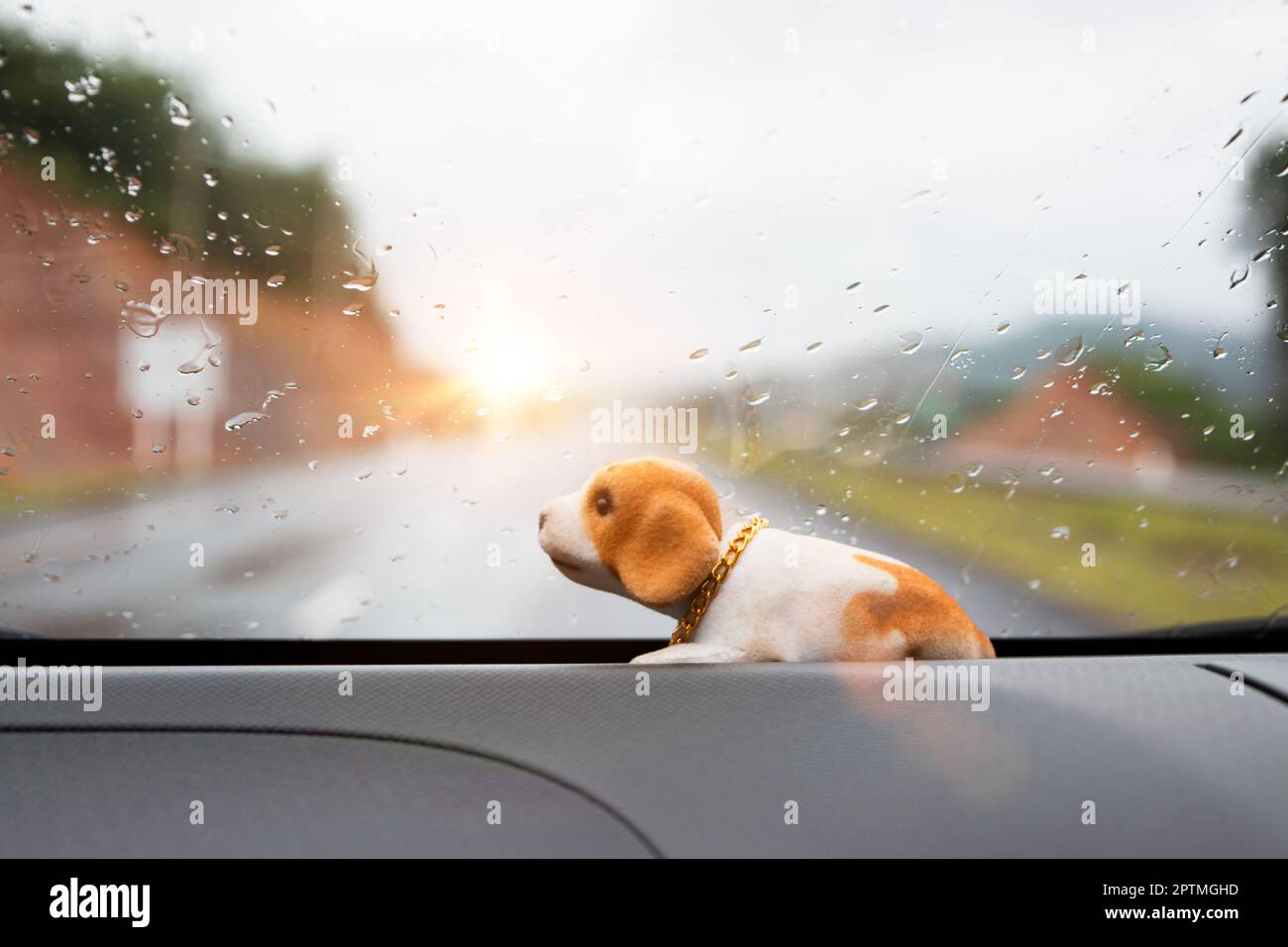 Bambola marrone cane cucciolo che scuote la testa annuita in auto Foto Stock