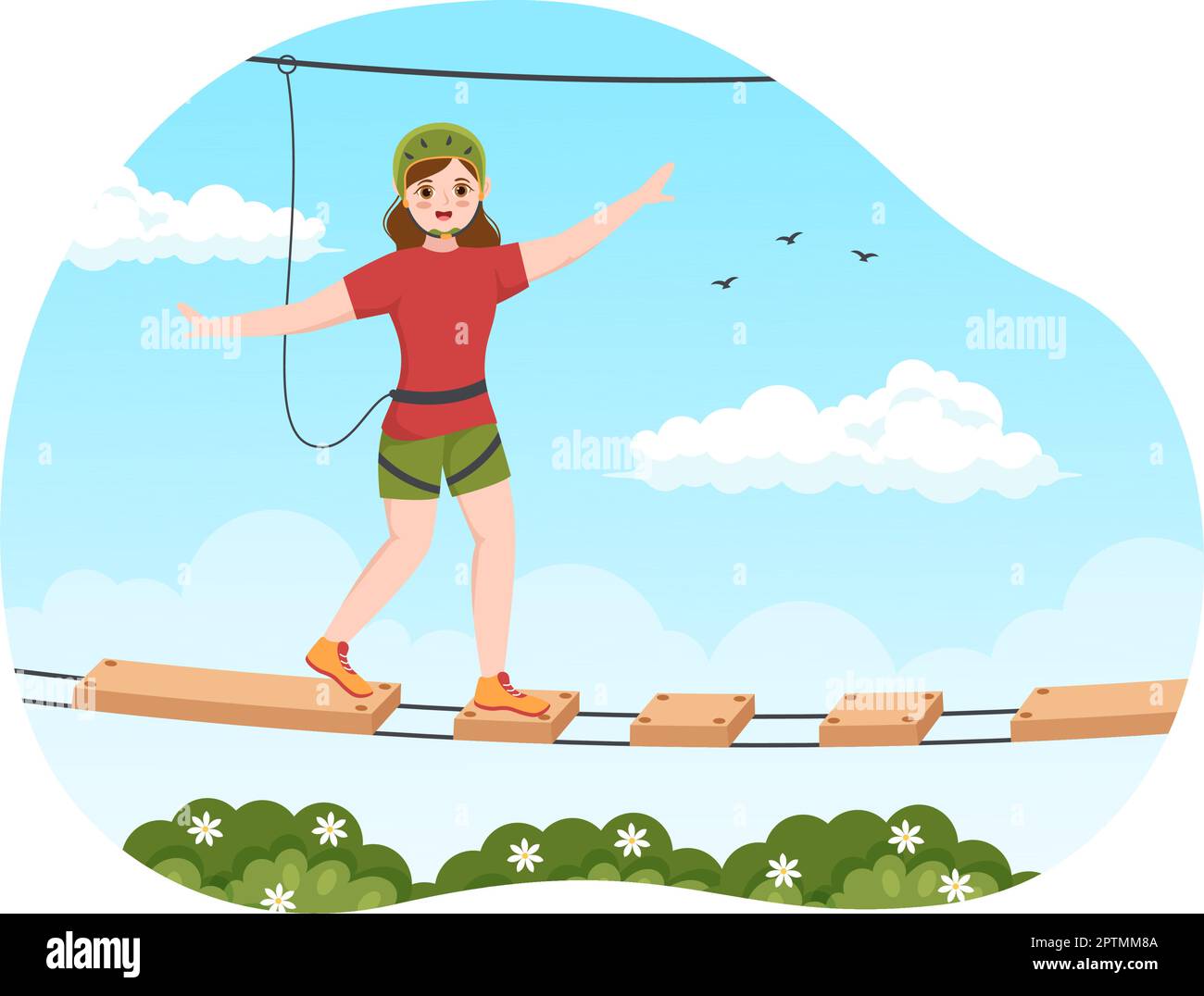 Zip Line Illustrazione con i visitatori a piedi su un percorso ostacolo e all'aperto Rope Adventure Park in Forest in Cartoon piano modelli disegnati a mano Illustrazione Vettoriale