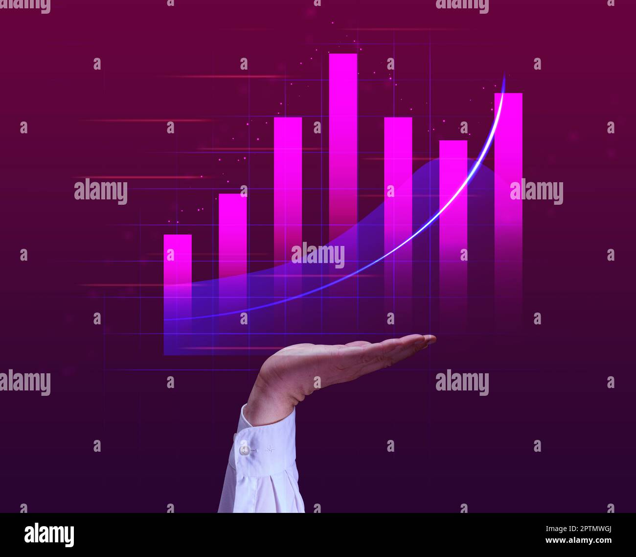 Un grafico con indicatori crescenti e una mano dell'uomo su uno sfondo rosa. Concetto di crescita del profitto, alta redditività Foto Stock