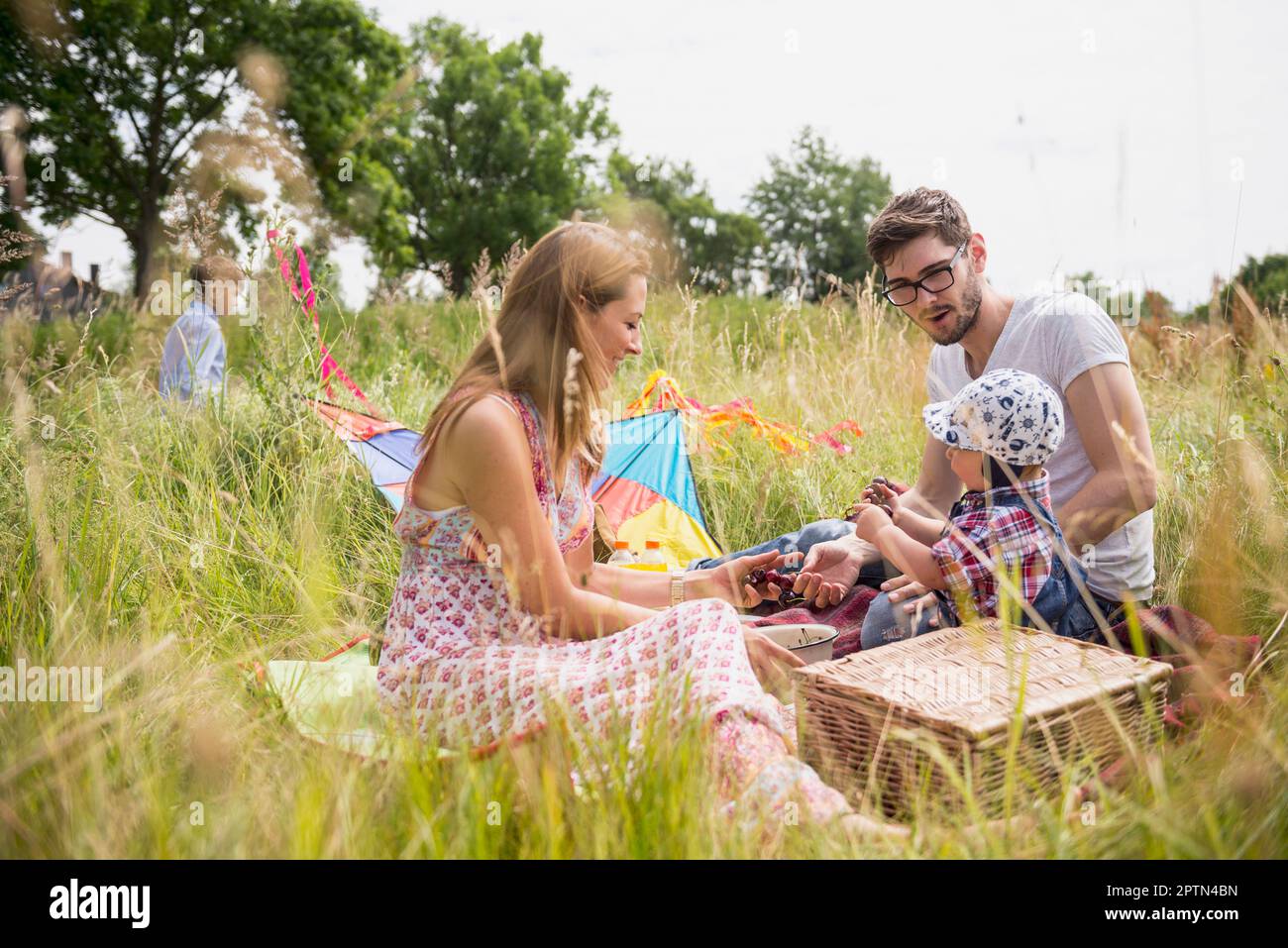 Famiglia godendo pic-nic in campagna, Baviera, Germania Foto Stock