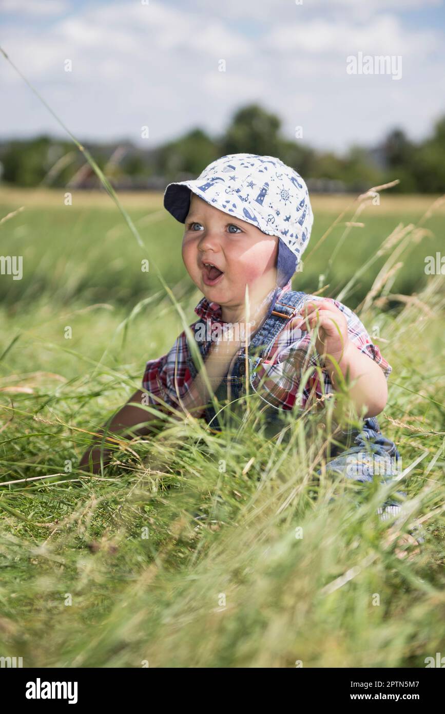 Piccolo bambino seduto tra erba alta su un prato in campagna, Baviera, Germania Foto Stock