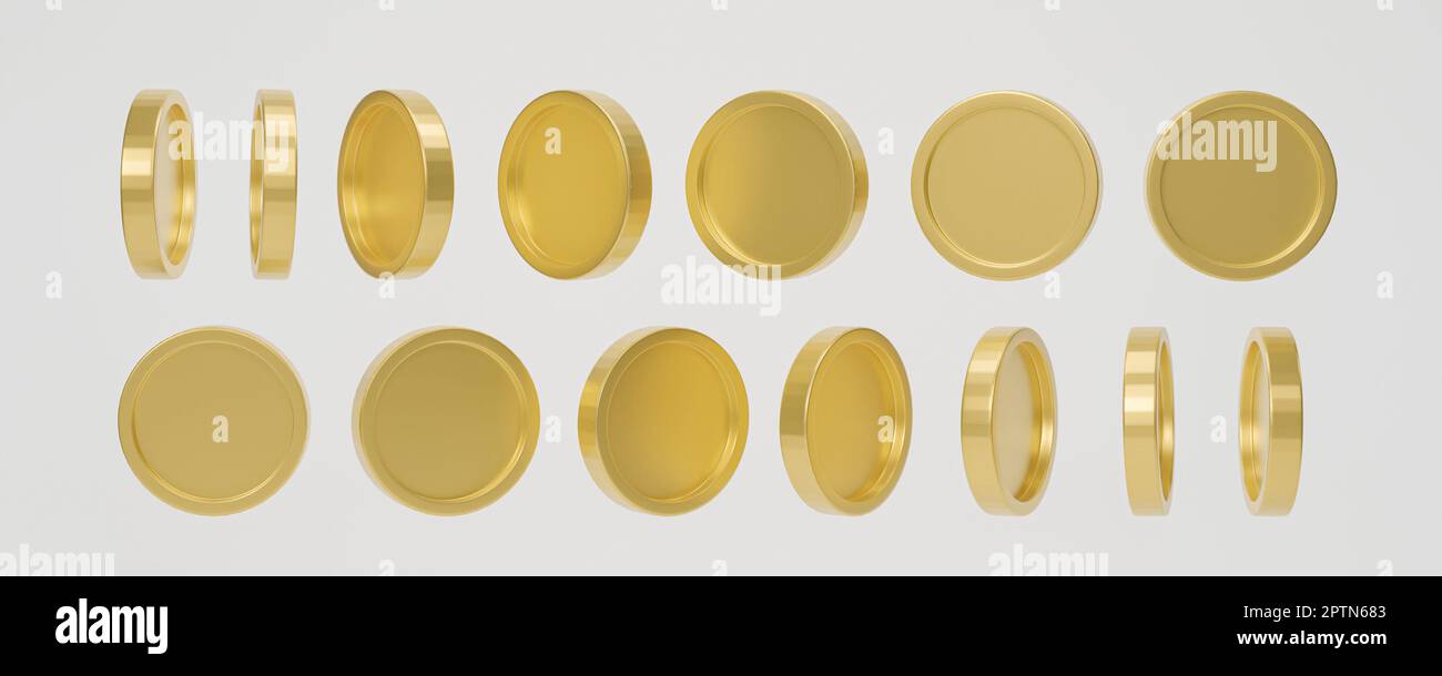 Set di monete d'oro in forma diversa su sfondo bianco. rendering 3d. Foto Stock