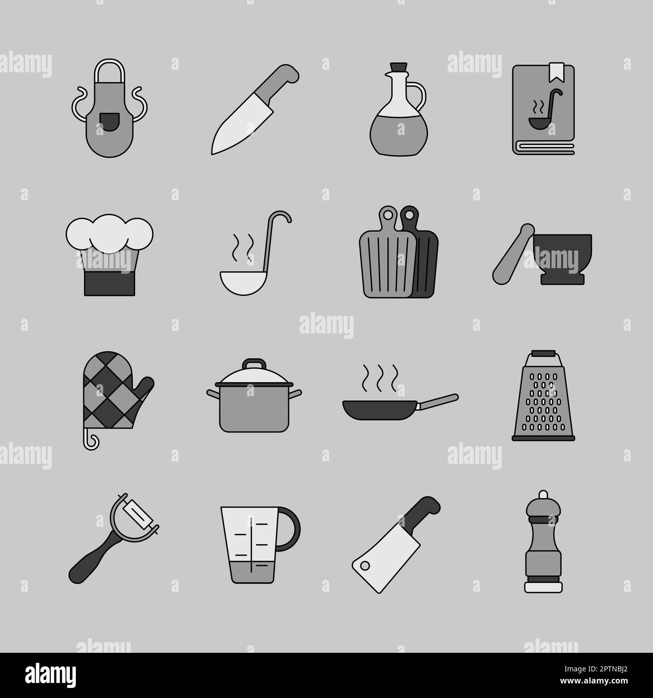 Set di icone in scala di grigi per cucinare cibi e cucine. Simbolo grafico per la progettazione di siti Web e app, logo, app, UI Foto Stock