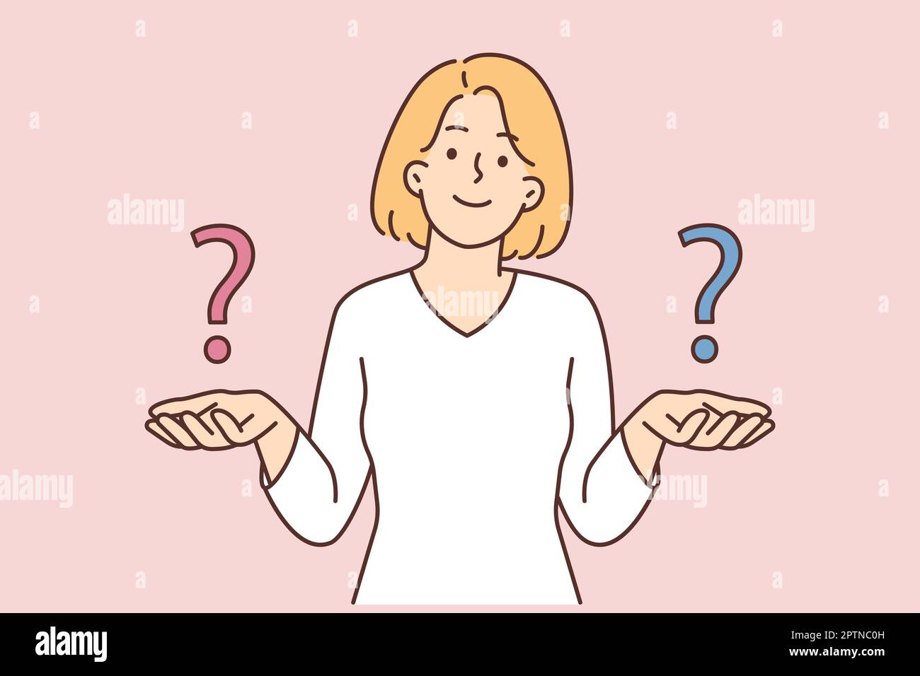 Donna confusa con punti interrogativi sulle mani pensare alla risoluzione di problemi o fare la scelta. Frustrata donna sentire confusione considerare dilemma. Vettore illus Foto Stock