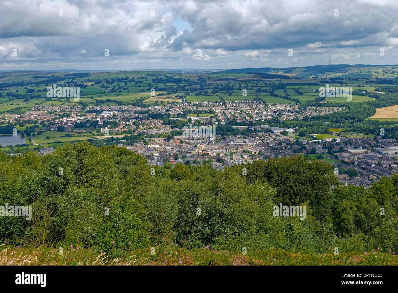 La vista si affaccia sulla città di Otley nello Yorkshire Occidentale visto dalla cresta boscosa di Chevin a sud della città, con campi verdi sullo sfondo. Foto Stock