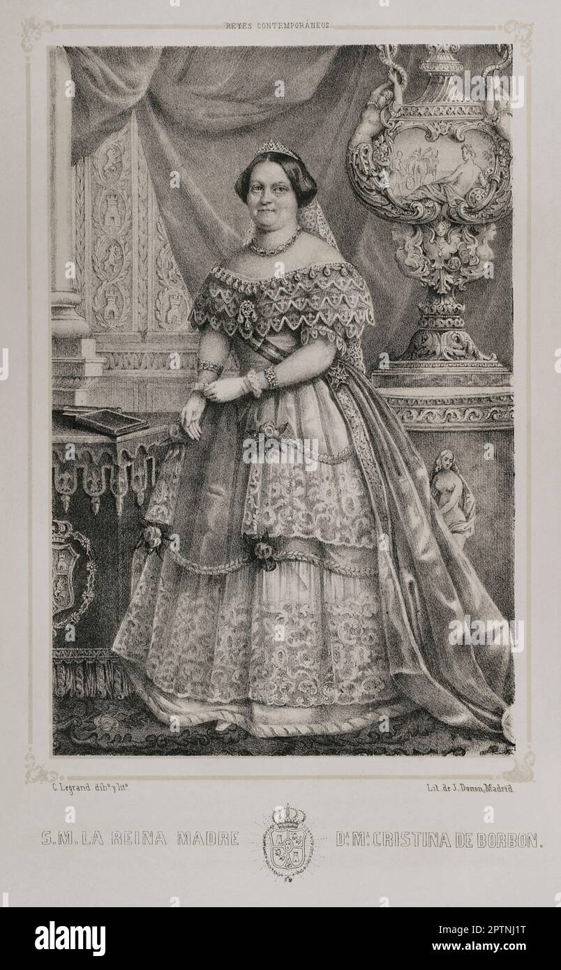 María Cristina de Borbón delle due Sicilie (1806-1878). Regina consorte di Spagna tra il 1829 e il 1833 per il suo matrimonio con il re Ferdinando VII, di cui era la sua quarta e ultima moglie. Reggente del regno dal 1833 al 1840. Verticale. Disegno di C. Legrand. Litografia di J. Donón. "Reyes Contemporáneos". Volume I. Pubblicato a Madrid, 1855. Foto Stock