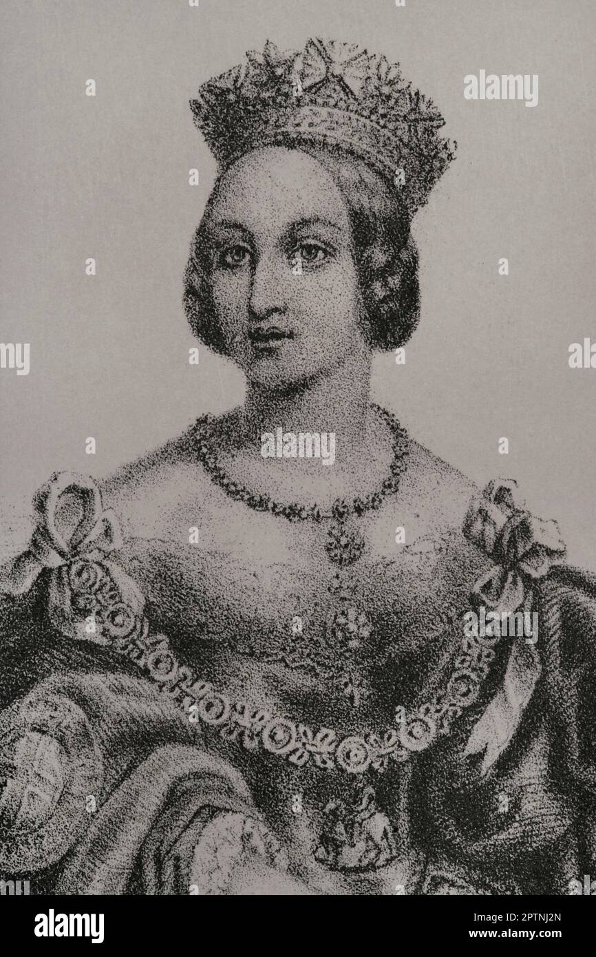 Queen Victoria (1819-1901). Regina del Regno Unito di Gran Bretagna e Irlanda (1837-1901). Imperatrice dell'India. Verticale. Litografia di Martínez. Dettaglio. "Reyes Contemporáneos". Volume I. Pubblicato a Madrid, 1855. Foto Stock