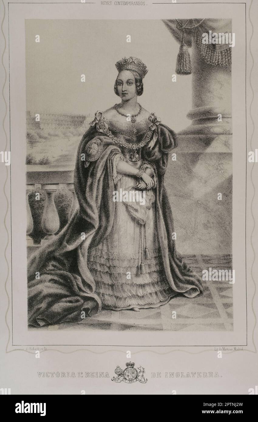 Queen Victoria (1819-1901). Regina del Regno Unito di Gran Bretagna e Irlanda (1837-1901). Imperatrice dell'India. Verticale. Litografia di Martínez. "Reyes Contemporáneos". Volume I. Pubblicato a Madrid, 1855. Foto Stock