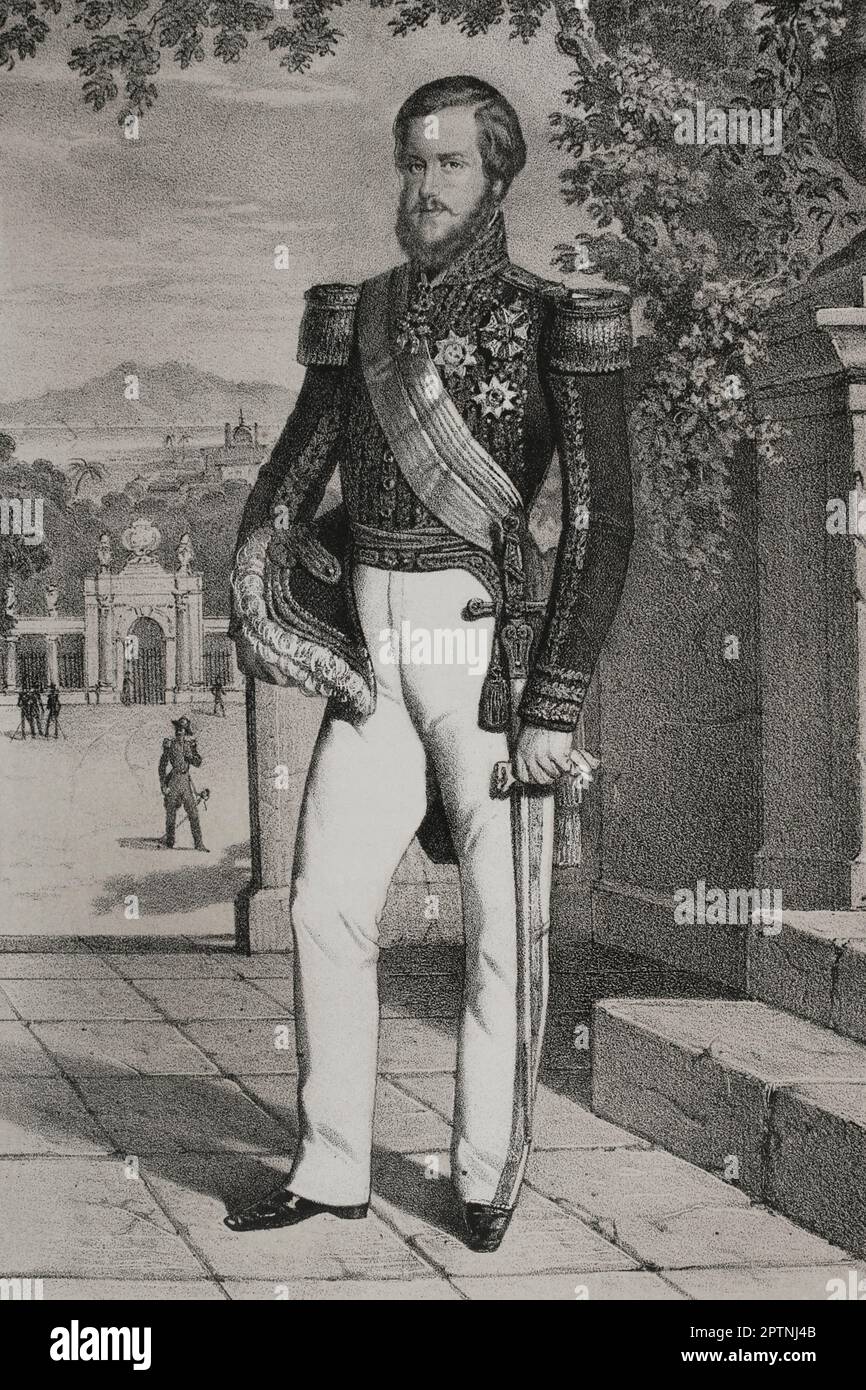 Pedro II di Alcantara (1825-1891). Imperatore del Brasile (1831-1889). Doveva abdicare e andare in esilio in Europa dopo un colpo di Stato che lo rovesciò nel novembre 1889. Verticale. Disegno di B. Blanco. Litografia di Donón. "Reyes Contemporáneos". Volume I. Pubblicato a Madrid, 1855. Foto Stock