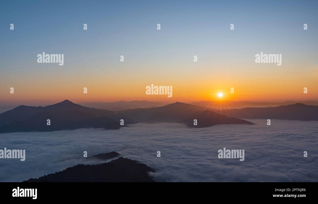Silhouettes attraverso di bellissimo paesaggio sulle montagne all'alba. Vista spettacolare nella foresta coperta di nebbie vallate sotto il cielo mattutino. Foto Stock