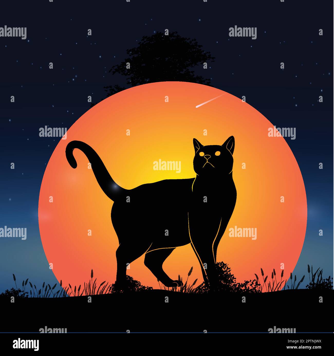 Gatto nero su uno sfondo del cielo notturno con le stelle e la luna Illustrazione Vettoriale