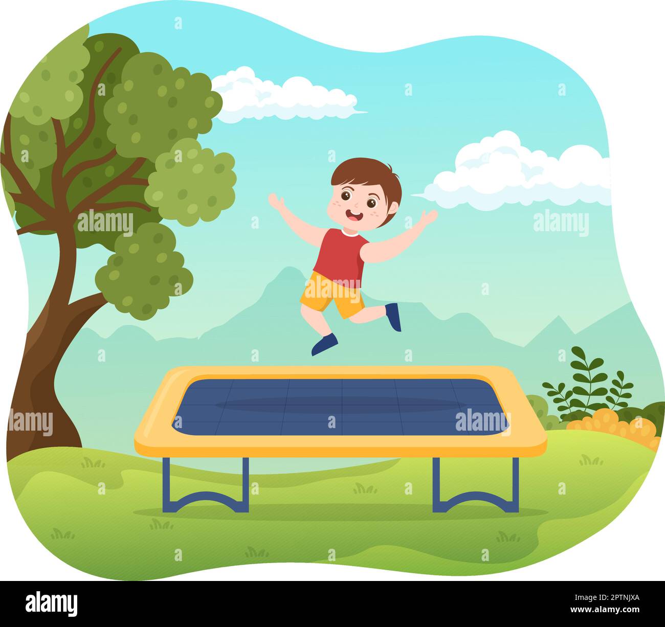 Illustrazione del trampolino con i bambini piccoli che saltano su un trampolino in mano disegnato piano Cartoon Estate attività all'aperto modello di sfondo Illustrazione Vettoriale