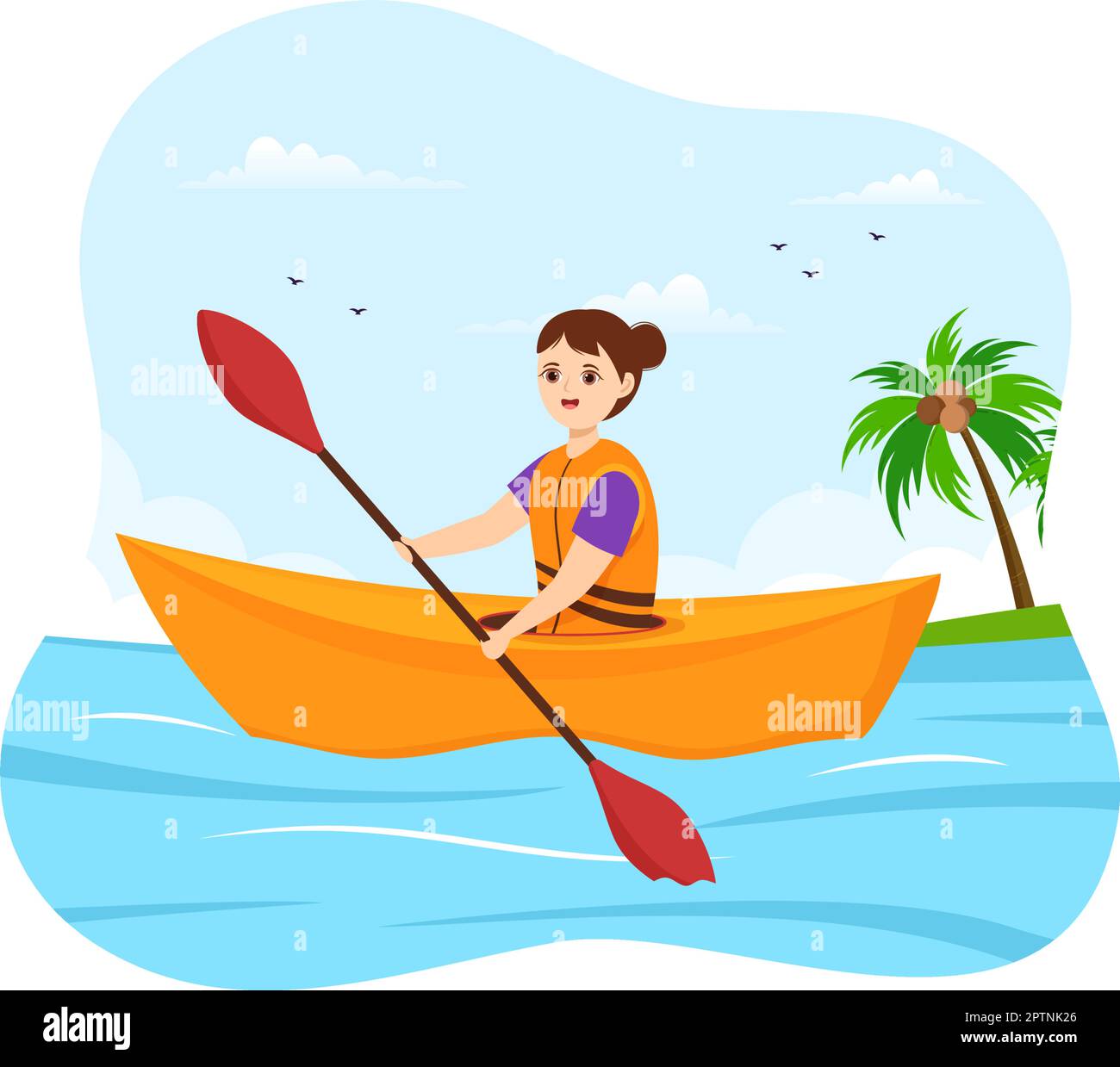 Persone che si godono Rowing Illustration con canoa e vela sul fiume o sul lago in Active Water Sports Flat Cartoon modello disegnato a mano Illustrazione Vettoriale