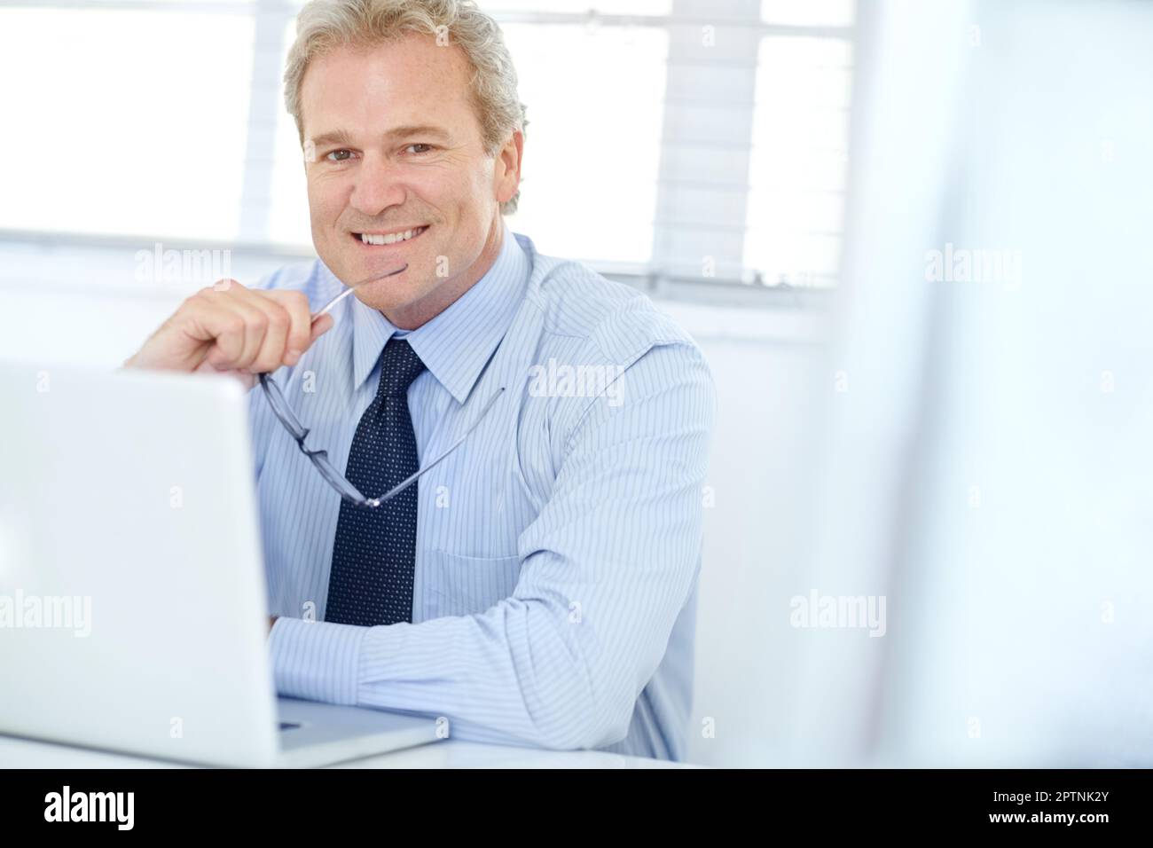 Fiducia nel suo acumen di affari. Ritratto di un uomo d'affari maturo sorridente che lavora al suo laptop. Foto Stock