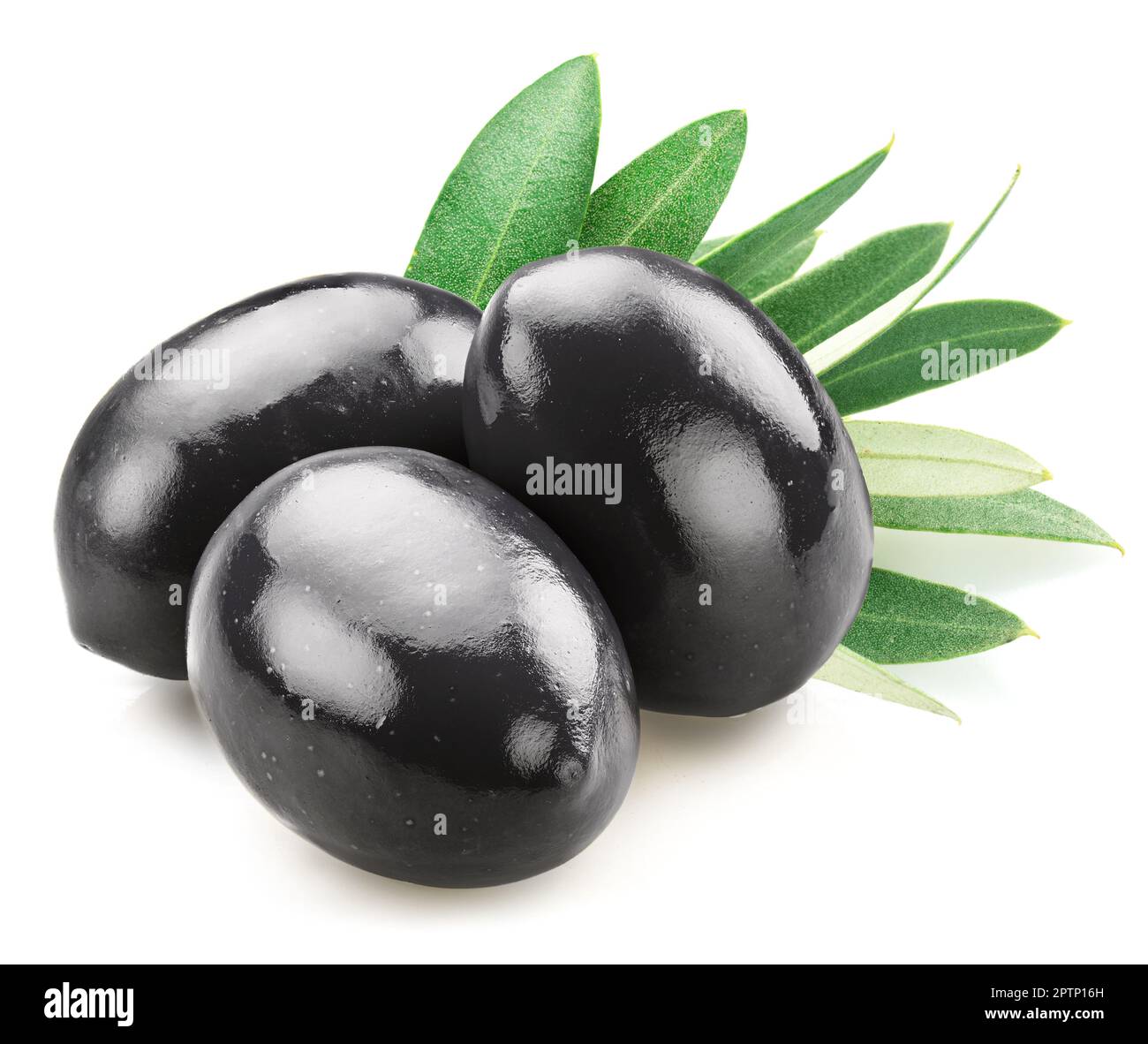 Tre olive nere intere con foglie di oliva isolate su fondo bianco. Foto Stock