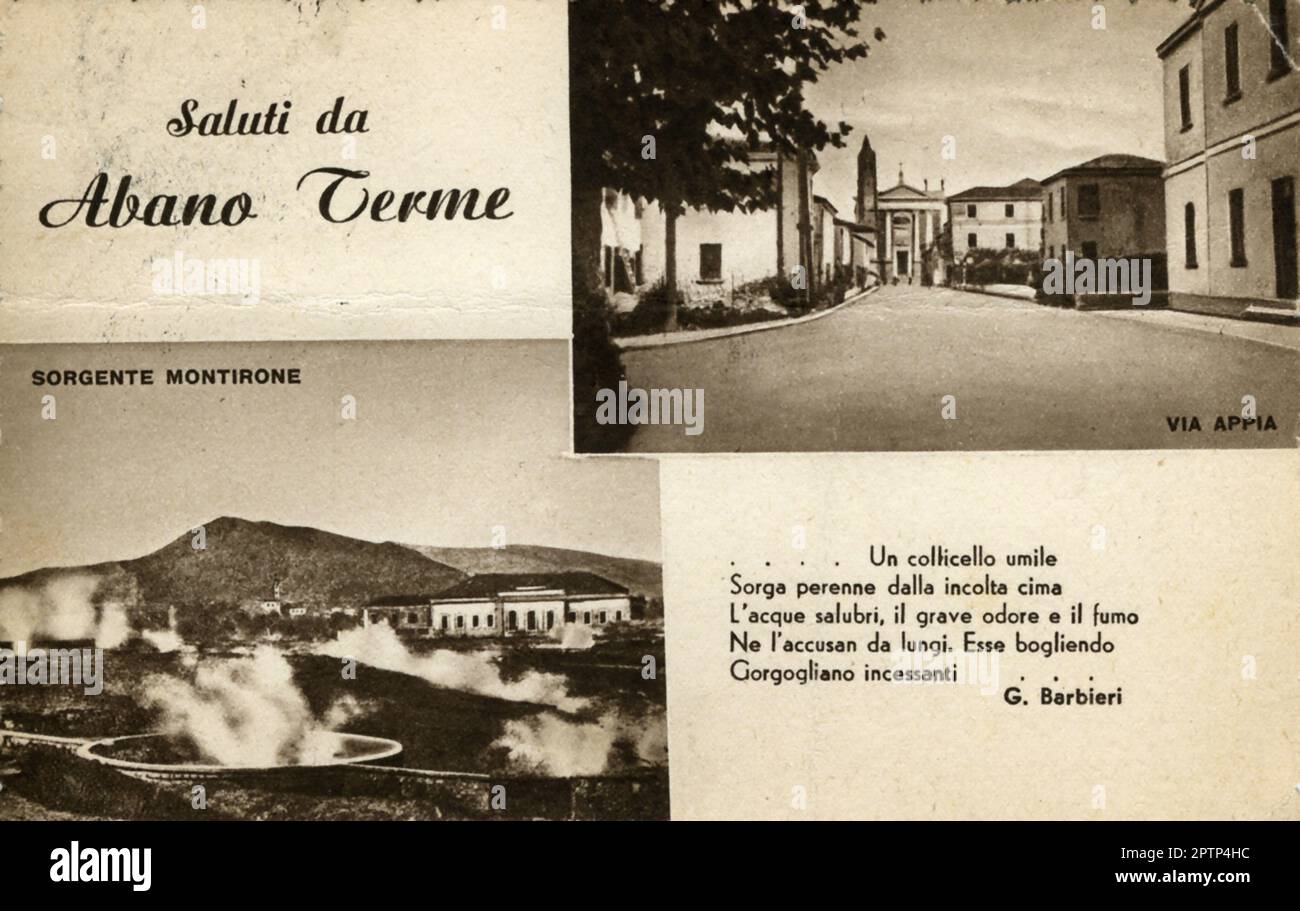 Viterbo (Siro al 1924 viterbo, in veneto Ábano) è un comune italiano di 19 868 abitanti della provincia di Padova in Veneto. Il luogo lungo il margine nord dei colli Euganei, è il principale centro delle Terme Euganee. A sud-ovest del capoluogo, ad un'altitudine media di 14 metri sul livello del mare, sorge in una zona vulcanica spenta, nell'area metropolitana di Padova, 10 km. I suoi abitanti vengono chiamati aponensi. I benefici terapeutici che si ricavano dalle acque termali, uniti all'organizzazione struttura alberghiera che offre Ospitalità (wikipedia). Foto Stock