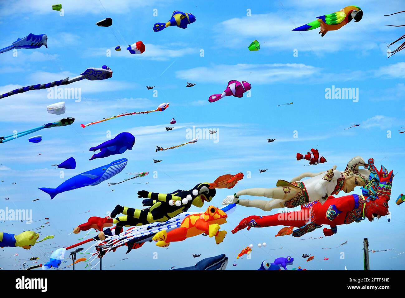 Immagine di un raduno di tanti aquiloni sulla spiaggia di Pinarella di Cervia. Pinarella di Cervia, Ravenna, Italia Foto Stock