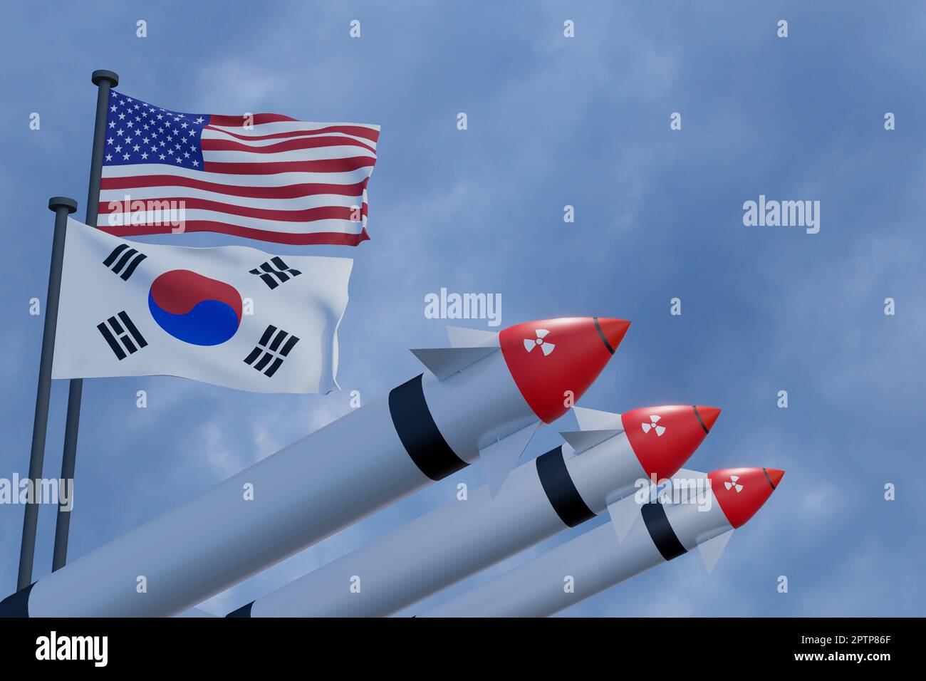 Arma nucleare Corea del Sud e arma nucleare USA, guerra nucleare con gli Stati Uniti vs Corea del Sud, armi di distruzione di massa bomba nucleare, immagine 3D e 3D lavoro Foto Stock