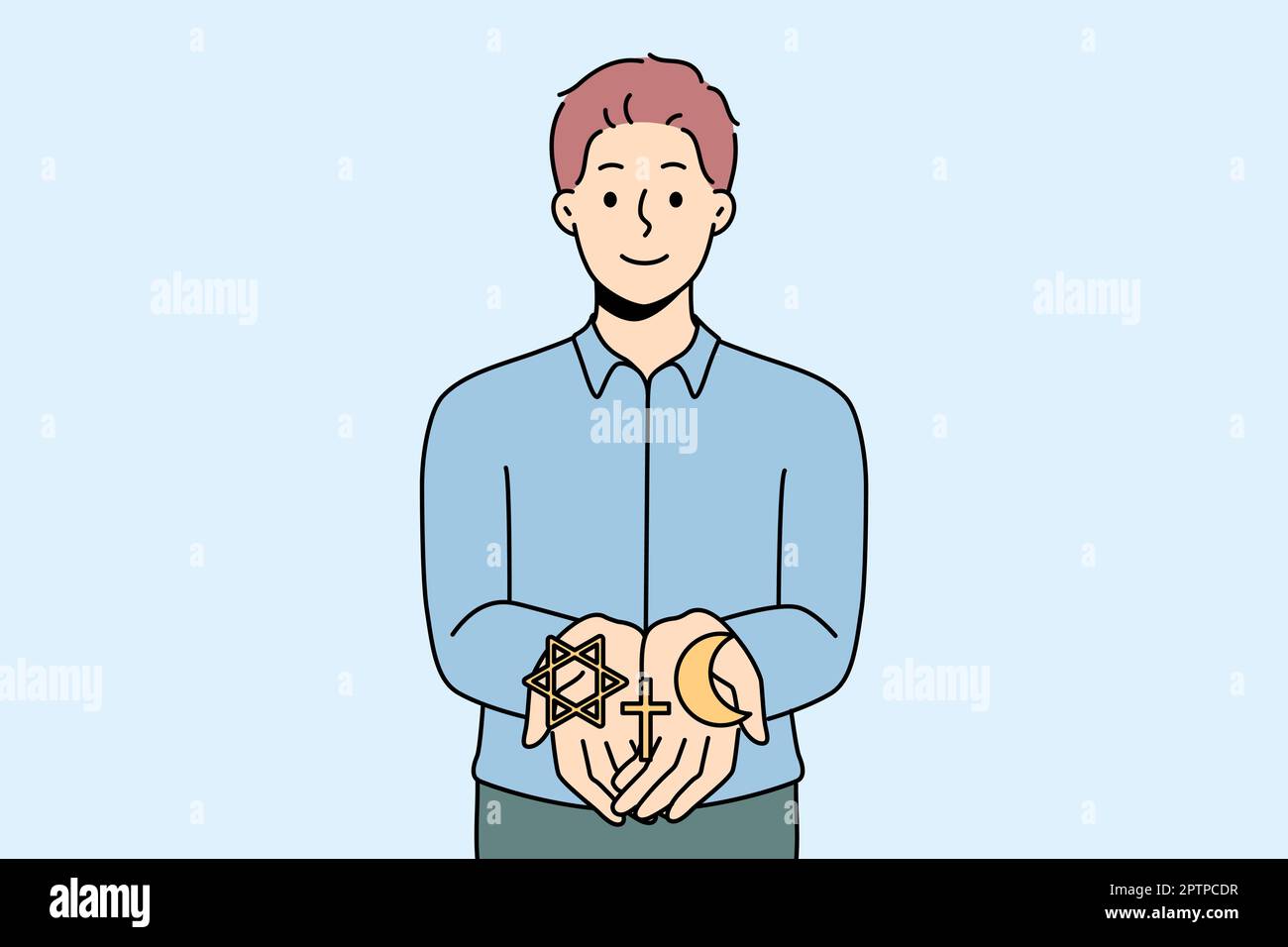 Uomo sorridente con diversi simboli religiosi Illustrazione Vettoriale