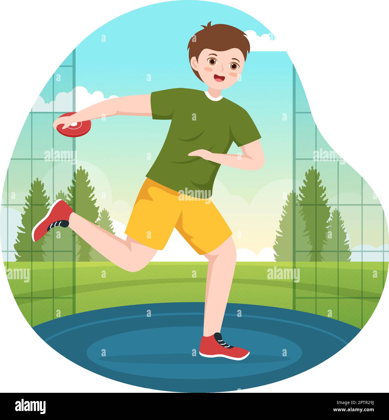 Discus tiro atletica da gioco Illustrazione con lancio di una piastra di legno nel Campionato sportivo Flat Cartoon modelli disegnati a mano Illustrazione Vettoriale
