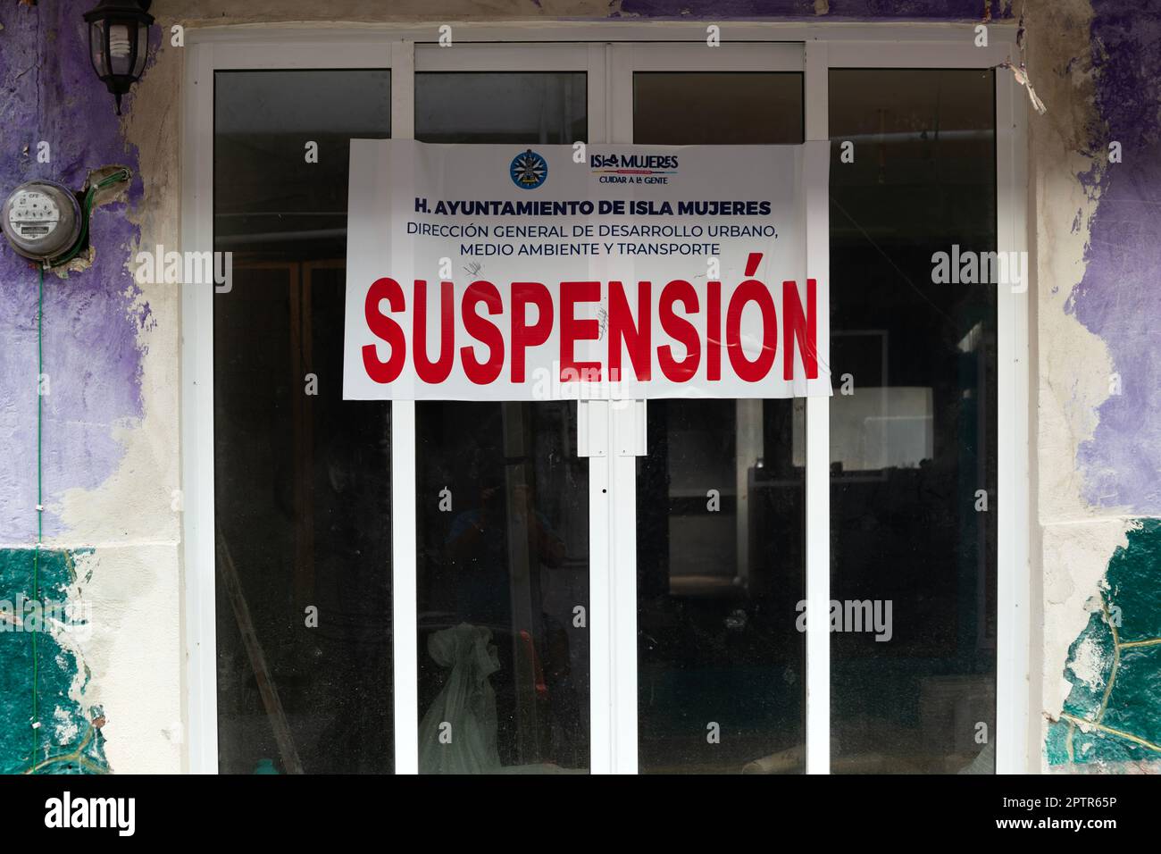 Cartello di preclusione sospensione commerciale in negozio, Isla Mujeres, Caribbean Coast, Cancun, Quintana Roo, Messico Foto Stock