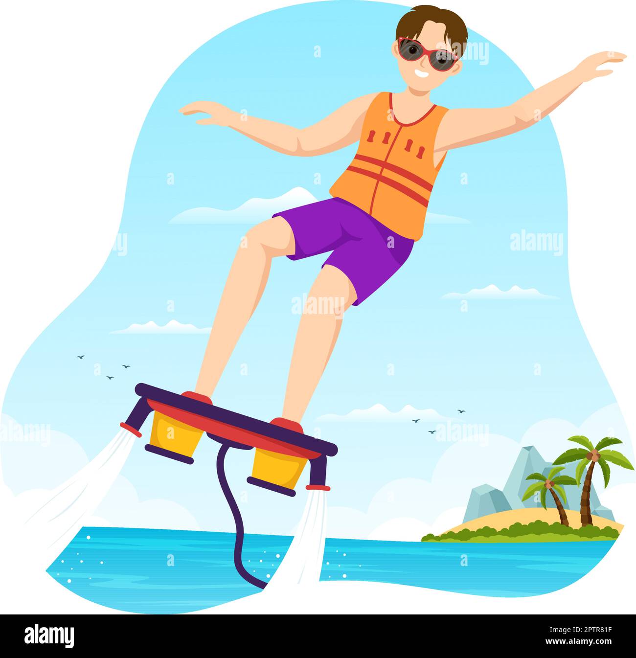 Flyboard Illustrazione con persone Equitazione Jet Pack in Estate Vacanze in Spiaggia in Flat Extreme Water Sport attività Cartoon modelli disegnati a mano Illustrazione Vettoriale