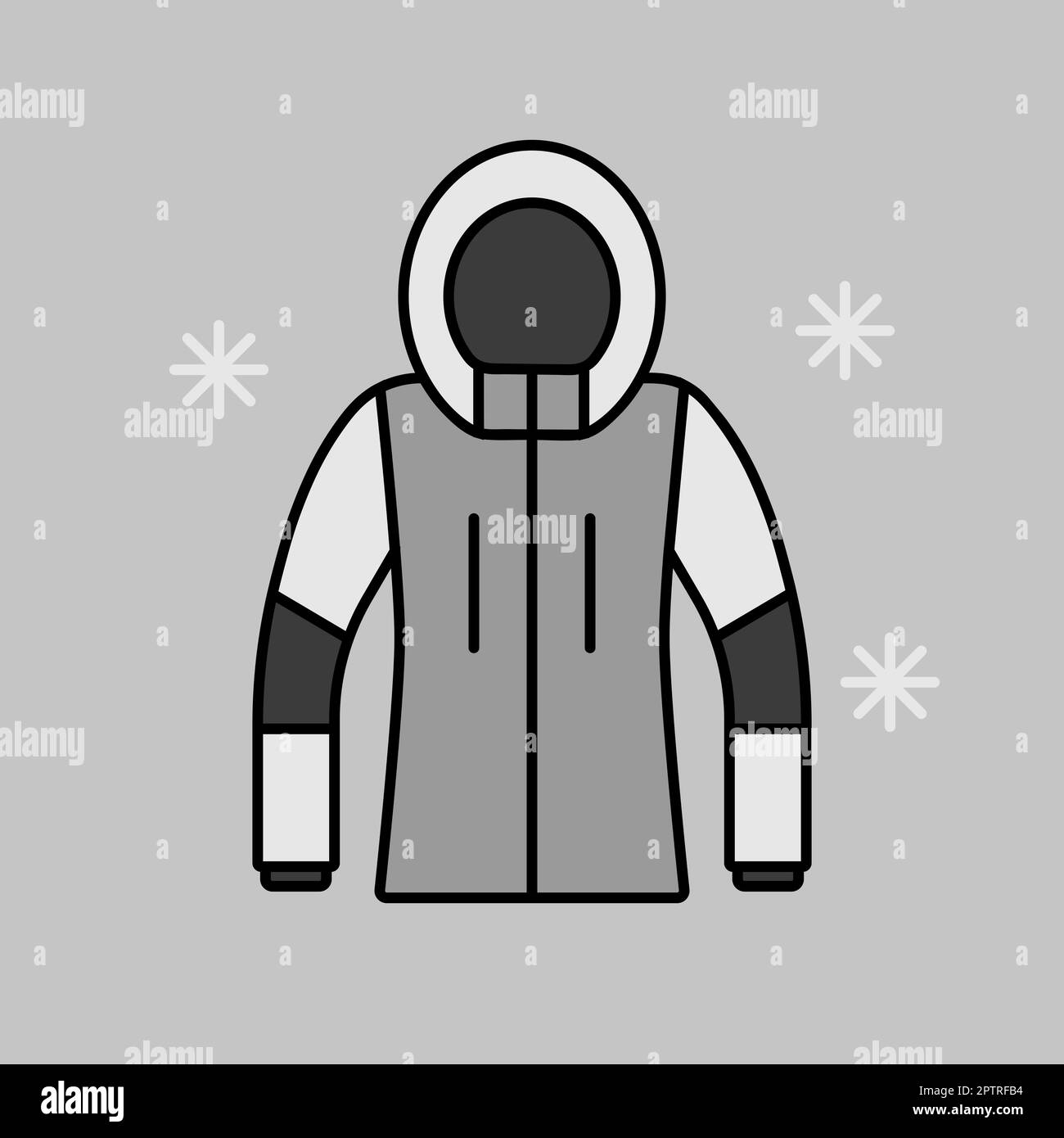 Icona della scala di grigi isolata del vettore Winter Jacket. Cartello invernale. Simbolo grafico per siti Web di viaggi e turismo e design, logo, app, interfaccia utente Foto Stock