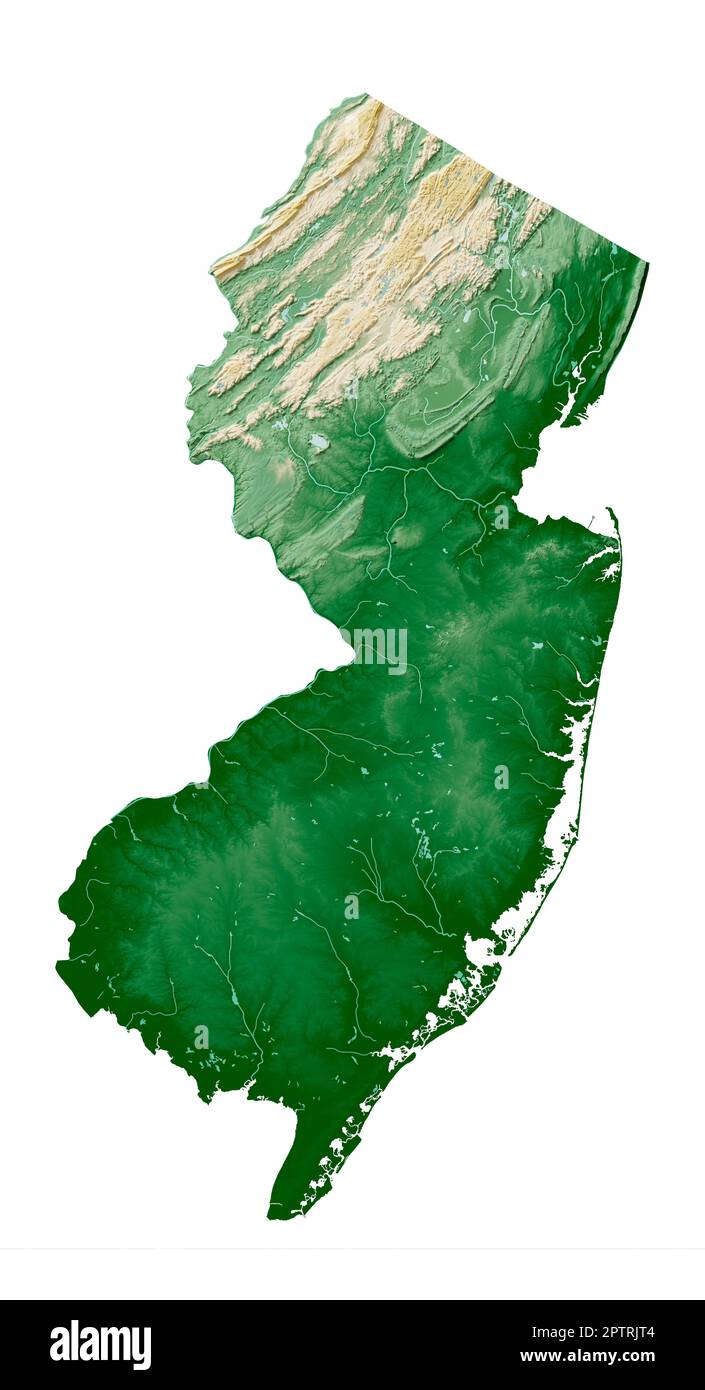 Lo stato americano del New Jersey. Rendering 3D estremamente dettagliato di una mappa in rilievo ombreggiata con corpi idrici. Colorato dall'elevazione. Creato con i dati satellitari. Foto Stock