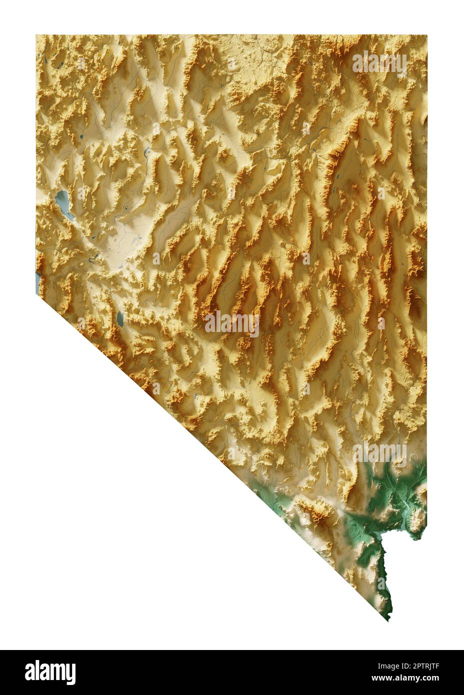 Lo stato del Nevada degli Stati Uniti. Rendering 3D estremamente dettagliato di una mappa in rilievo ombreggiata con corpi idrici. Colorato dall'elevazione. Creato con i dati satellitari. Foto Stock