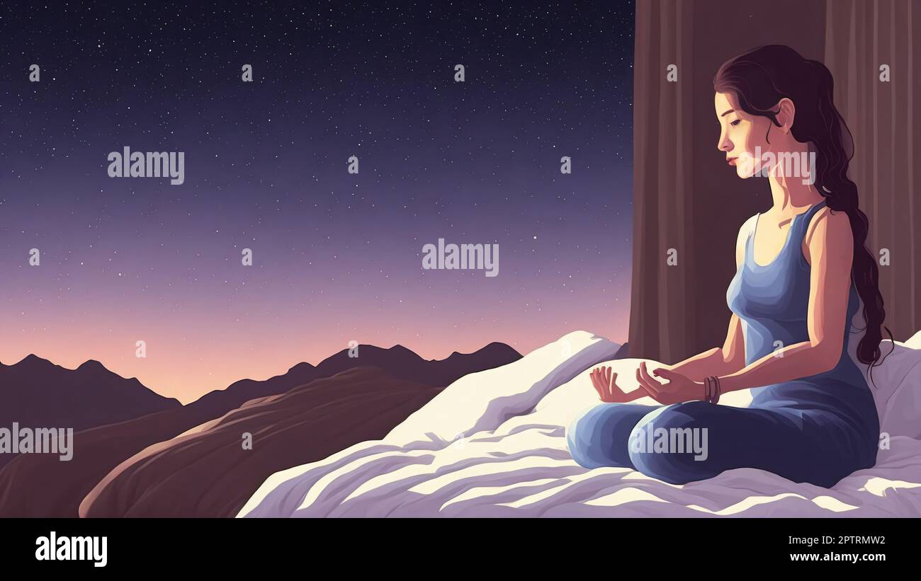 Donna meditando sotto il cielo di notte nell'illustrazione del letto. Relax e Yoga Painting Foto Stock