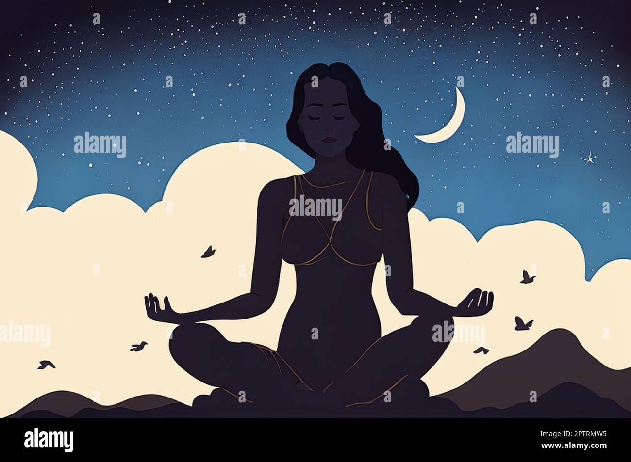 Donna che medita sotto il cielo notturno con l'illustrazione delle stelle e della luna. Relax e Yoga Painting Foto Stock