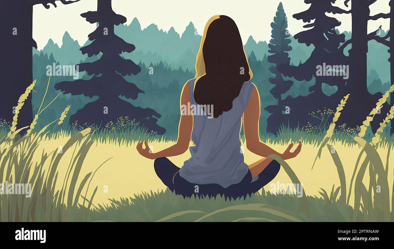 Rilassamento e meditazione della donna in Meadow Illustration. Yoga nella pittura naturale Foto Stock