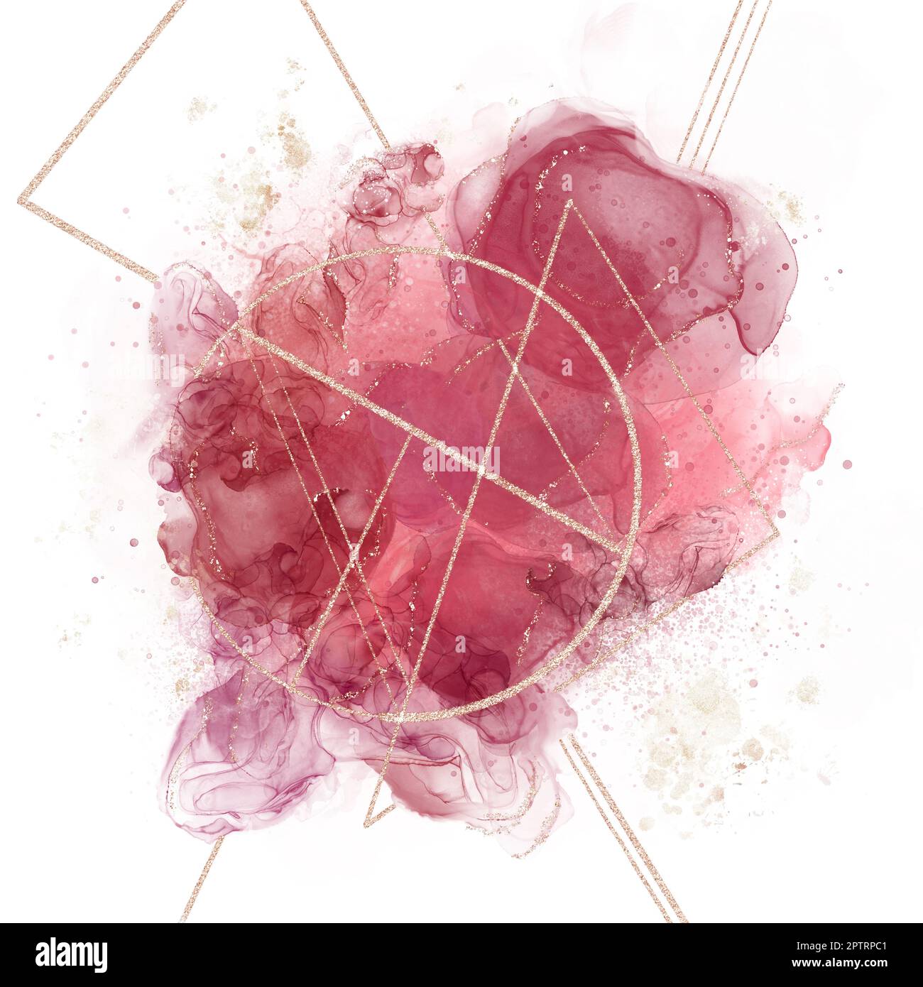 Inchiostro alcool arte sfondo astratto, sfondo bianco banner quadrato con fluido rosso e forme geometriche oro, decorazione glitter Foto Stock