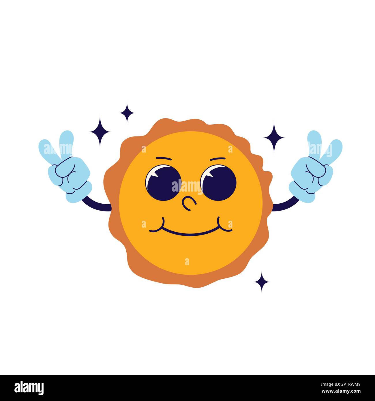 Hippie Sun, stampa retro groovy anni '70. illustrazione di t-shirt, t-shirt e adesivo - disegno poster. Concetto funky del sole del carattere. Illustrazione Vettoriale