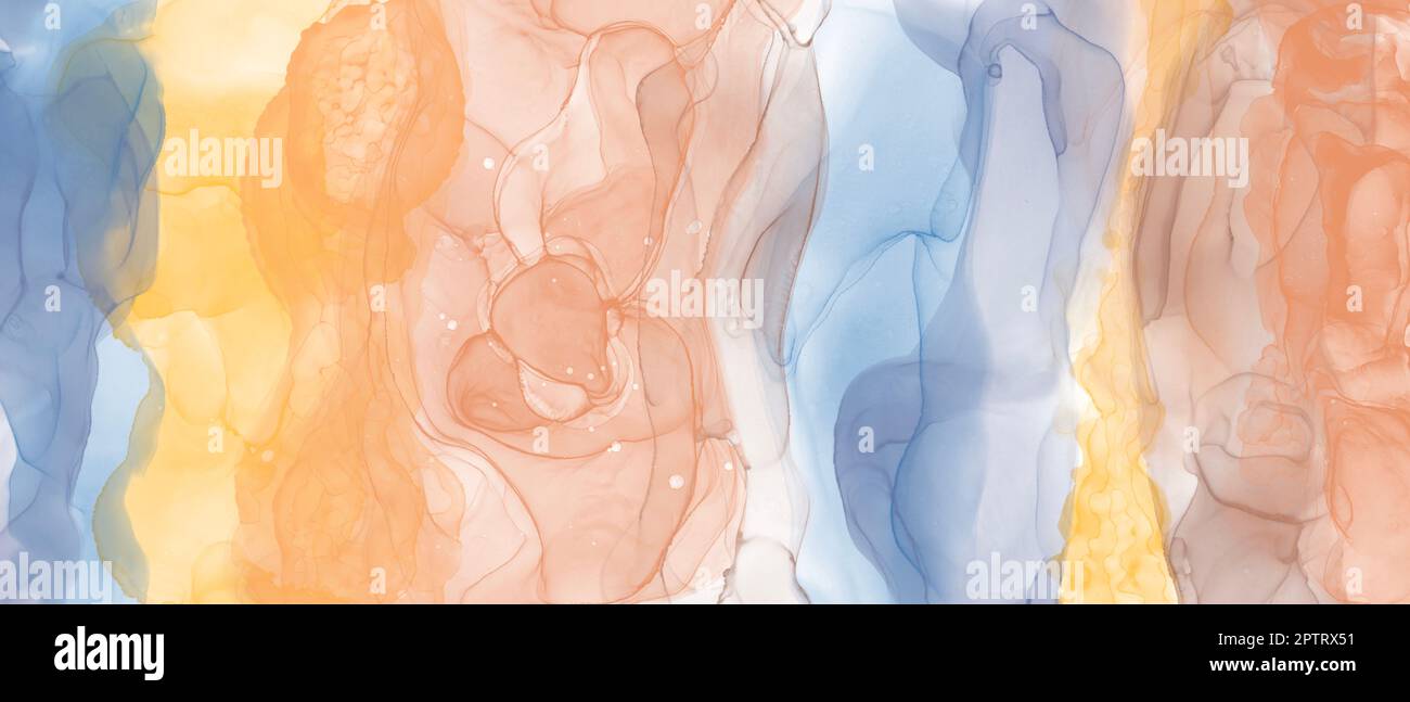 Alcool inchiostro arte multicolore sfondo astratto per l'autunno. Strisce gialle, blu, marroni e arancioni. Banner orizzontale dal design moderno. Liquido, fumo e h Foto Stock