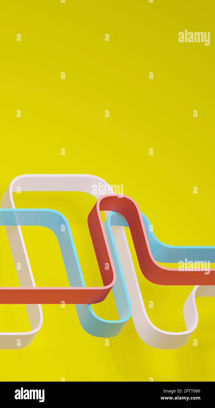 Curve colorate ondulate su sfondo giallo. Disegno astratto, rendering 3D digtal. Foto Stock