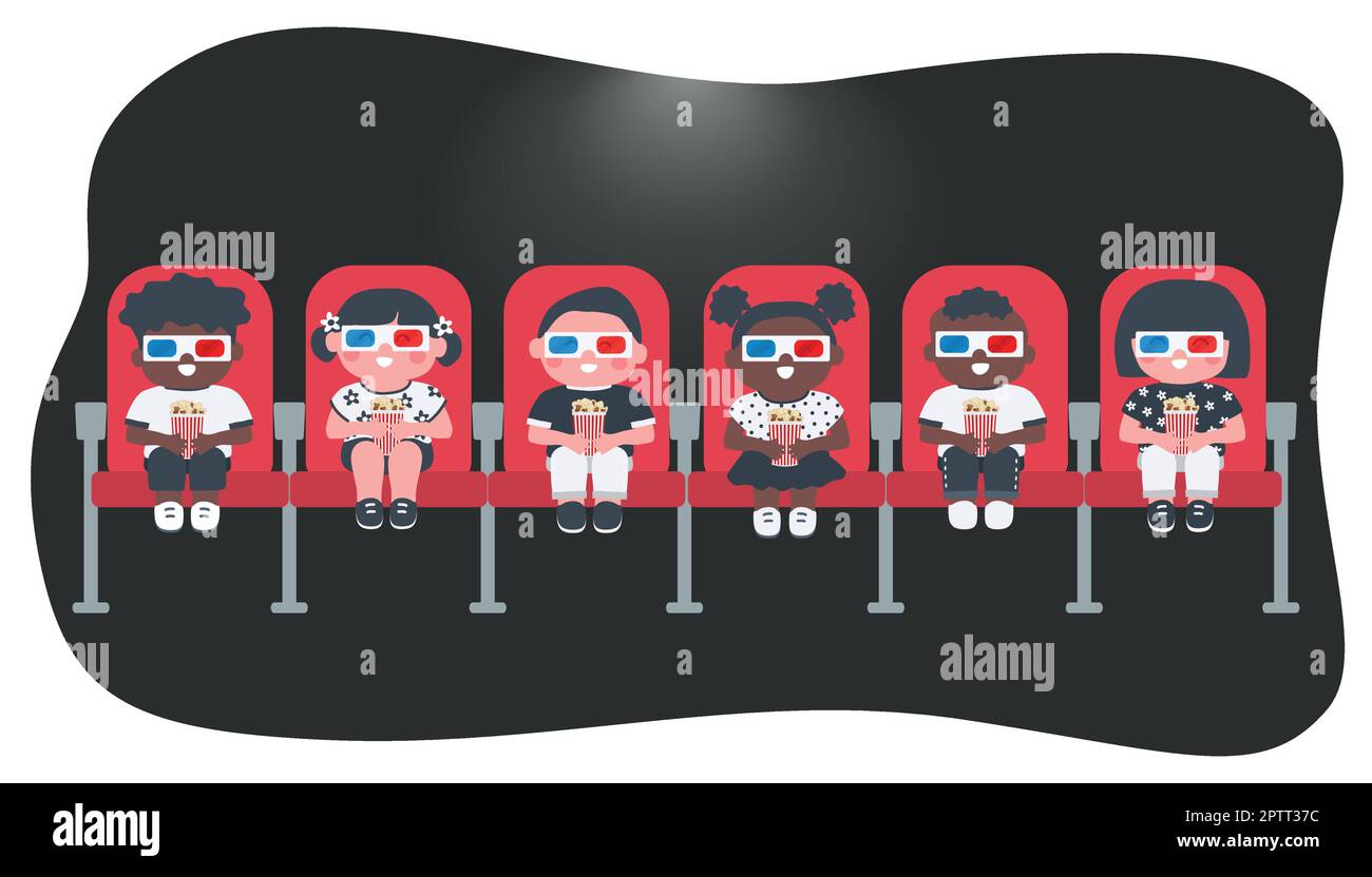 I bambini guardano un film al cinema. I ragazzi e le ragazze con popcorn si siedono in sedie rosse. Illustrazione vettoriale Illustrazione Vettoriale