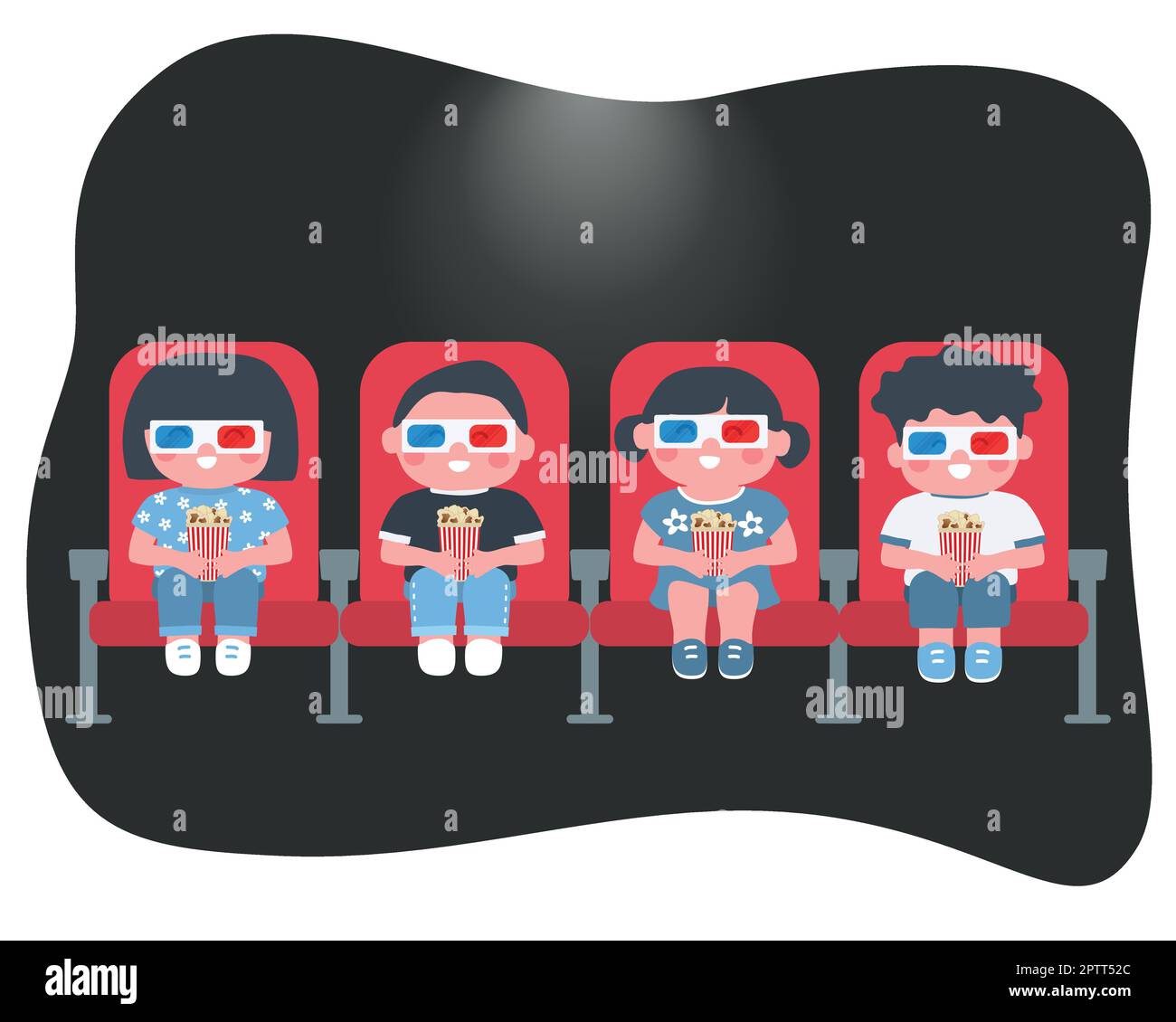 I bambini guardano un film al cinema. Ragazzi e ragazze con pop-corn seduti in sedie rosse. Illustrazione vettoriale Illustrazione Vettoriale