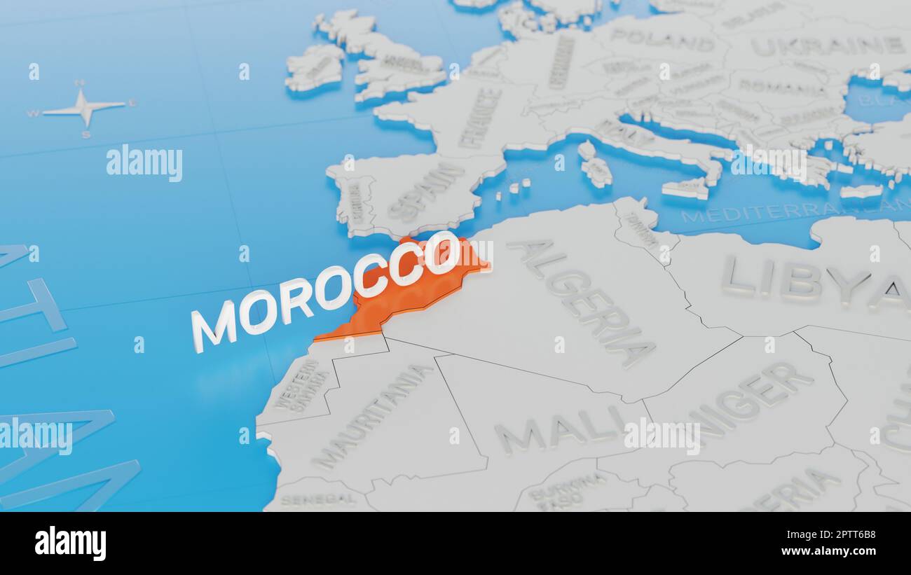 Il Marocco è evidenziato su una mappa del mondo 3D semplificata bianca. Rendering 3D digitale. Foto Stock