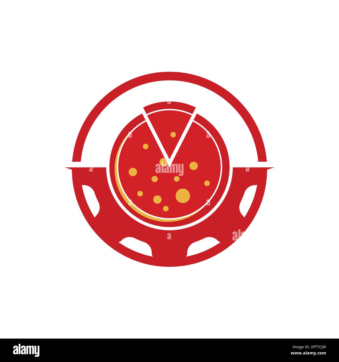 Disegno del logo vettoriale della ruota dentata della pizza. Simbolo o icona del cibo e della meccanica. Illustrazione Vettoriale
